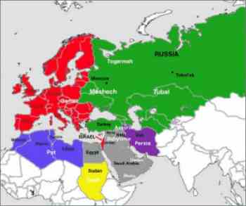 Map illustrating the modern nations prophesied in Ezekiel 38 & 39 as invading Israel